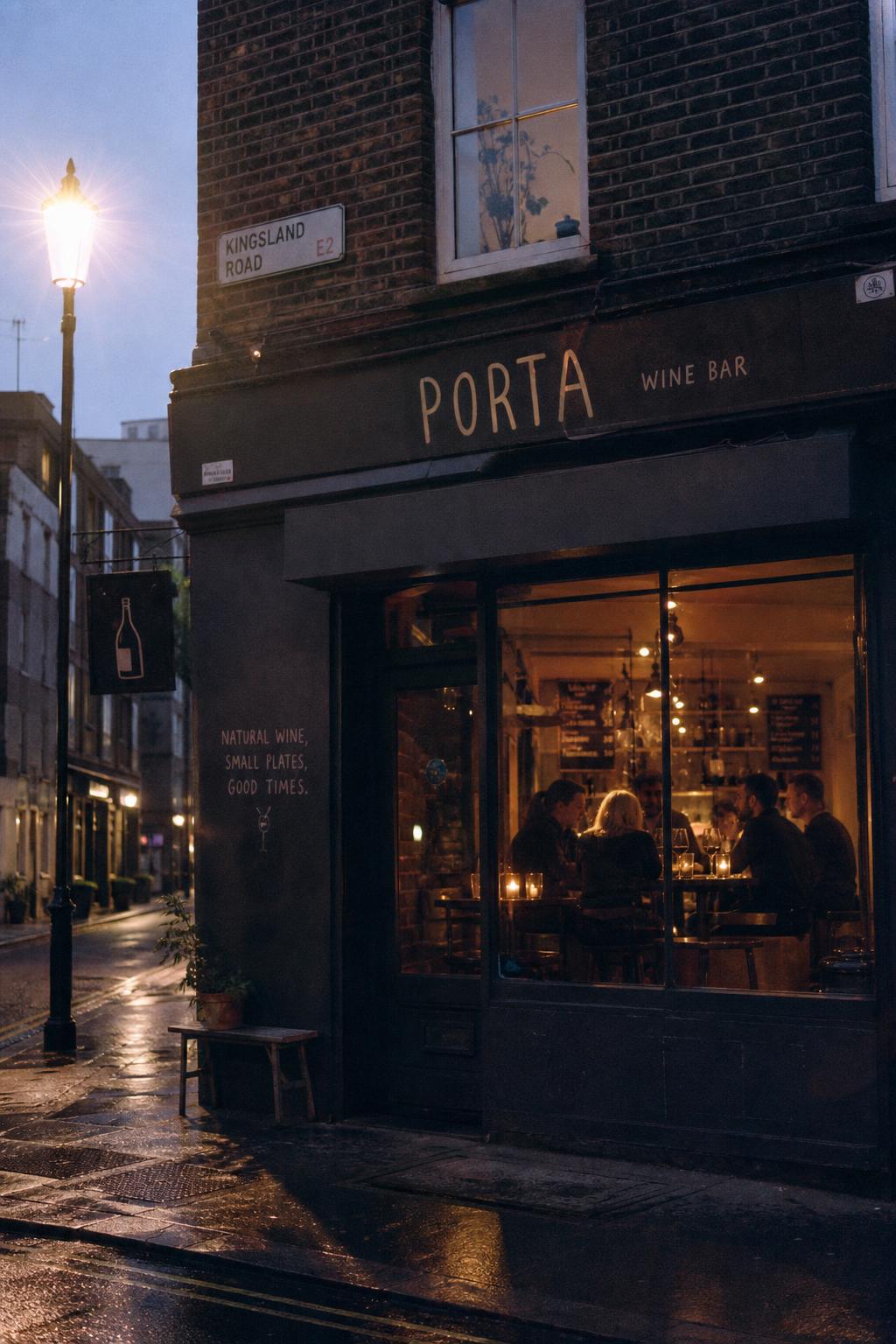 Independent wine bar at dusk